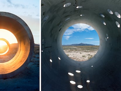 Dos de los 'Sun Tunnels' (1973-76), la instalación de Nancy Holt en el desierto de Utah que encapsulaba el sol al amanecer y en el atardecer.