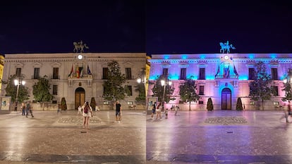 El Ayuntamiento de Granada, en la parte izquierda tras apagar las luces y en la derecha, con la iluminación encendida.