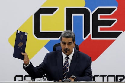 Venezuelan President Nicolas Maduro speaks at the National Electoral Council (CNE) after being declared the winner of the country's presidential election, in Caracas on July 29, 2024. 