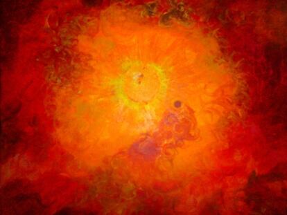 Ilustración del planeta extrasolar en las condiciones extremas de la vieja estrella en la fase de gigante roja