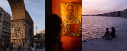 De izquierda a derecha, tres imágenes de Tesalónica: el arco romano de Galerio, una de las piezas del Museo Bizantino y atardecer sobre la gran bahía de la ciudad griega.