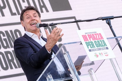 Giuseppe Conte, presidente del M5S, en una manifestación de apoyo a Gaza, convocada por la oposición italiana, el pasado 7 de junio en Roma.