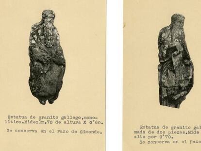 Imágenes de Jeremías/Isaac (a la izquierda) y de Ezequiel/Abraham (a la derecha), incluidas en el expediente conservado en el Museo Arqueológico Nacional, abierto en 1946, sobre la propuesta de venta de las cinco estatuas desmontadas del Pórtico de la Gloria.