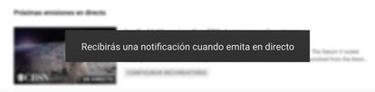 Mensaje de confirmación de aviso para directo de YouTube.