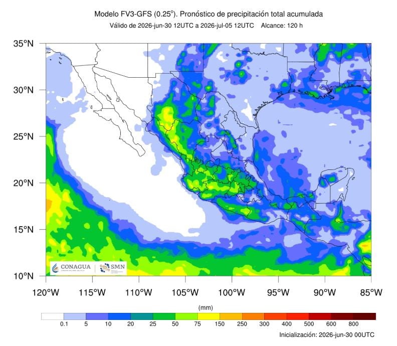 Pronóstico de acumulado total de precipitación en cinco días.