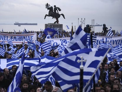 Manifestaci&oacute;n contra el uso del nombre Macedonia por Skopje, el d&iacute;a 21 en Sal&oacute;nica. 