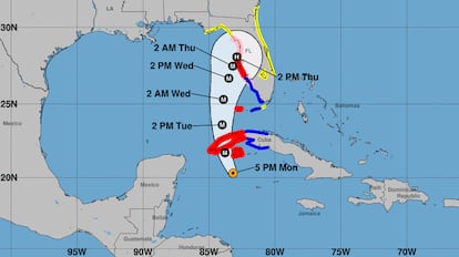 El pronóstico del recorrido que tendrá el huracán Ian a partir de las 5 PM del lunes, hora local.