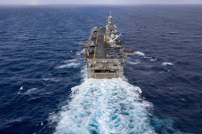 In this handout photo from the U.S. Navy, the Wasp-class amphibious assault ship USS Bataan travels through Atlantic Ocean on July 20, 2023
