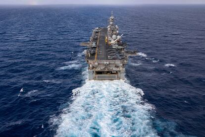 In this handout photo from the U.S. Navy, the Wasp-class amphibious assault ship USS Bataan travels through Atlantic Ocean on July 20, 2023