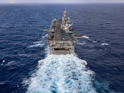 In this handout photo from the U.S. Navy, the Wasp-class amphibious assault ship USS Bataan travels through Atlantic Ocean on July 20, 2023.