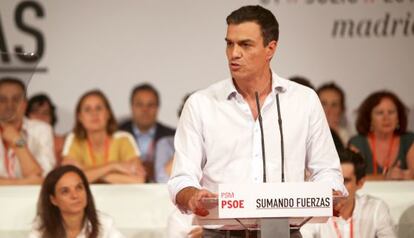 Pedro Sánchez, en el Congreso extraordinario del PSM el 31 de julio.