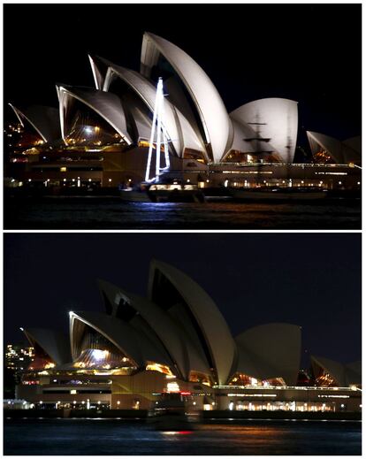 Dos tomas muestra la combinación de las luces de la Ópera de Sydney antes y después de que se apaga durante la Hora del Planeta en Sydney, Australia.