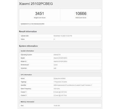 Resultados del POCO F8 Ultra en la prueba Geekbench
