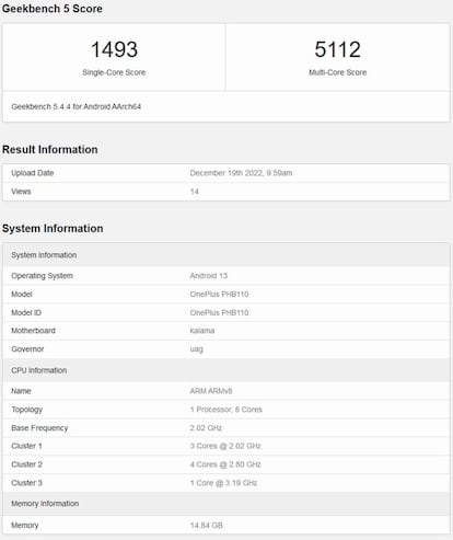 Resultados OnePlus 11 en Geekbench