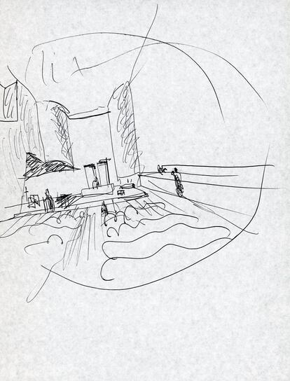 Cróquis de la iglesia de Santa Maria Church, Marco de Canaveses, Portugal, 1990-2004. Cróquis de Álvaro Siza.