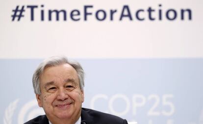 El secretario general de la ONU, Antonio Guterres, hoy en la presentación de la COP25. 