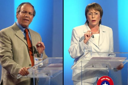 Tomás Hirsch y Michelle Bachelet durante el debate televisado.