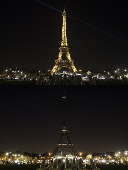 La torre Eiffel de Paris, antes y después de apagarse.