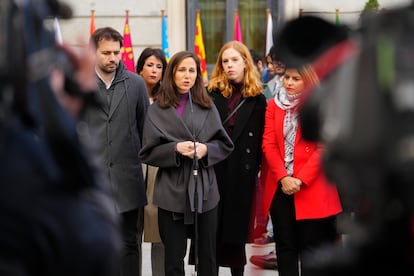 La secretaria general de Podemos, Ione Belarra, durante una declaración ante la prensa este miércoles en el Congreso.