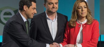 Juanma Moreno (PP), Antonio Maíllo (IU) y Susana Díaz (PSOE).