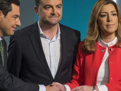 Juanma Moreno (PP), Antonio Maíllo (IU) y Susana Díaz (PSOE).