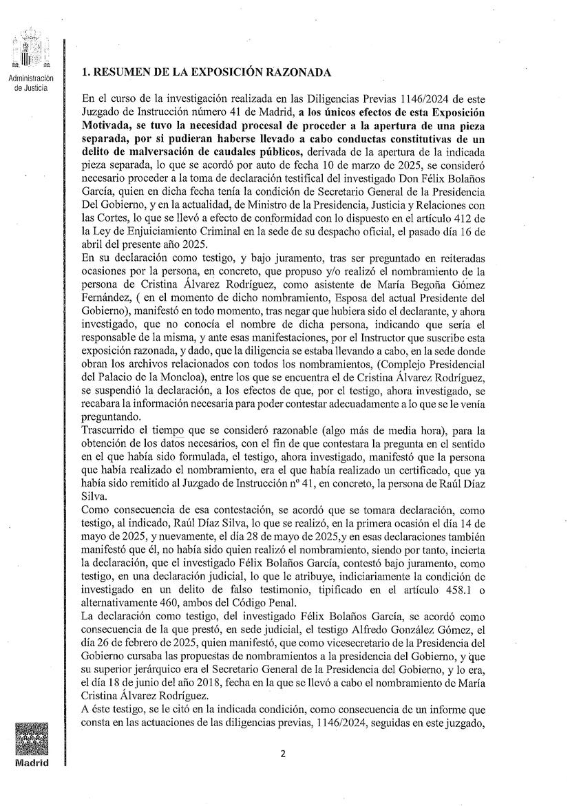 El juez Peinado pide al Supremo imputar a Bolaños por malversación y ...