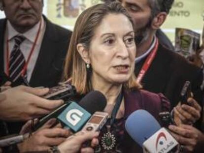 La ministra de Fomento, Ana Pastor, realiza declaraciones a la prensa durante la visita que ha realizado hoy a la Feria Internacional de Turismo (FITUR) que se celebra hasta el próximo 26 de enero en el recinto ferial IFEMA de la capital.