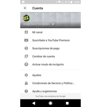 Aquí se puede activar el modo incógnito de YouTube