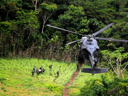 Colombian anti-drug police during operation of destroying cocaine processing labs at the jungle in Guaviare state