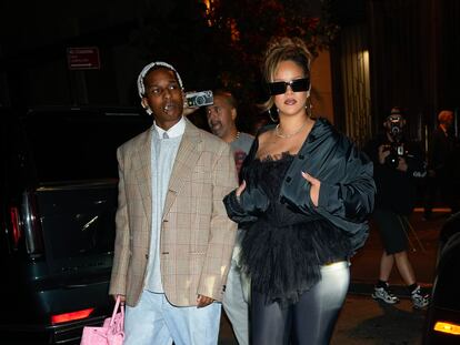 NEW YORK, NEW YORK - OCTOBER 04: ASAP Rocky and Rihanna are seen at Carbone to celebrate ASAP Rocky's birthday on October 04, 2023 in New York City. (Photo by Jackson Lee/GC Images)