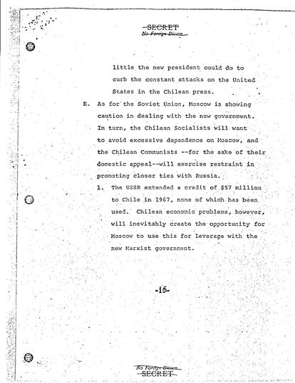 La última página del segundo documento desclasificado del Consejo de Seguridad Nacional de EE UU que describe la relación entre el Gobierno de Allende y la Unión Soviética.