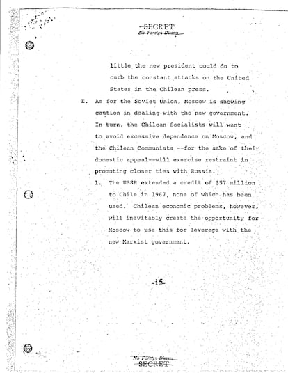 La última página del segundo documento desclasificado del Consejo de Seguridad Nacional de EE UU que describe la relación entre el Gobierno de Allende y la Unión Soviética.