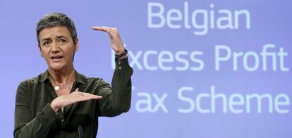 La comisaria europea de Competencia, Margrethe Vestager, en una rueda de prensa ayer en Bruselas. 