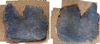 Las dos caras de la tablilla de pizarra de 2.500 años de antigüedad hallada en el yacimiento tartésico del Turuñuelo de Guareña. Imagen cedida por el proyecto Construyendo Tarteso. 