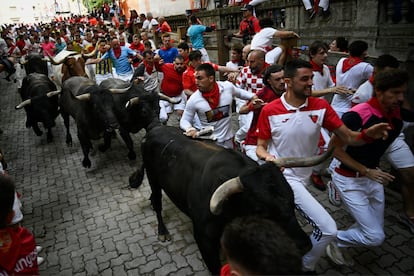 Los toros de la ganadería sevillana de Miura, este lunes durante el octavo encierro.