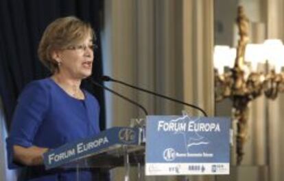 La presidenta de Sareb, Bel&eacute;n Romana, durante su intervenci&oacute;n esta ma&ntilde;ana en la tribuna F&oacute;rum Europa, organizado por Nueva Econom&iacute;a F&oacute;rum. 