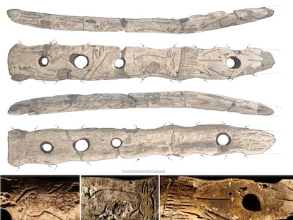 Dibujo y fotografías de las dos caras del bastón encontrado en la cueva de Aizkoltxo (Gipuzkoa).