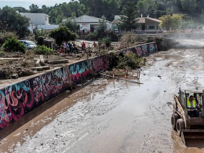 Un grupo de voluntarios limpia una zona de la localidad de Sant Llorenç,en Mallorca, tras las inundaciones del 9 de octubre.