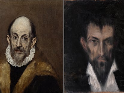 A la izquierda, un autorretrato del Greco, fechado entre 1590 y 1600. A la derecha, un retrato del Greco por Picasso realizado en 1899.