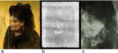 David Thurrowgood;David Paterson;Martin D. de Jonge;Robin Kirkham;Saul Thurrowgood;Daryl L. Howard   Pie de Foto: 'Portrait d'une femme' de Edgar Degas. (a) La imagen visible del cuadro. La zona rectangular resalta el área del escaneo XRF. (b) Radiografía. El cuadro oscurecido ha sido rotado 180 grados. La cara y la oreja de la mujer son la fuente de contraste principal. (c) Detalle de la imagen reflejada bajo los rayos infrarrojos. Se indica un contorno parcial de la cara escondida.