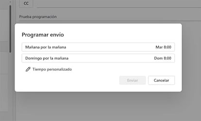 Hora de programación de un correo electrónico en Outlook Web