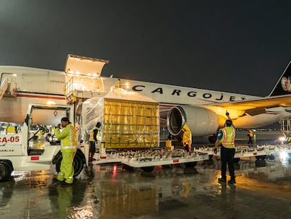 Trabajadores reciben un avión de Cargojet en la terminal de Carga y Aduanas en el Aeropuerto Internacional Felipe Ángeles.