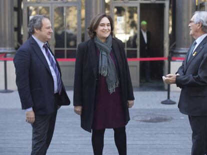 Jordi Hereu, Ada Colau i Xavier Trias en un acte en suport a l'EMA.