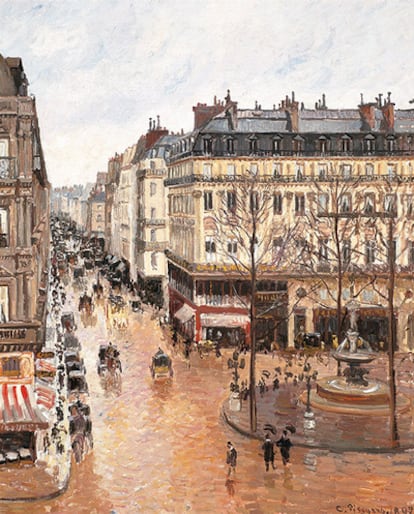 <i>La calle Saint-Honoré después del mediodía. Efecto de lluvia</i> (1897), obra de Camille Pissarro que se exhibe en el Museo Thyssen-Bornemisza de Madrid.