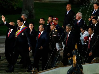 Venezuela's President Nicolás Maduro, front left, greets supporters upon his arrival for his annual state-of-the-nation address to the National Assembly.