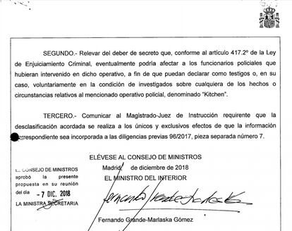 Extracto del acuerdo del Consejo de Ministros del 7 de diciembre de 2018 sobre la operación Kitchen.