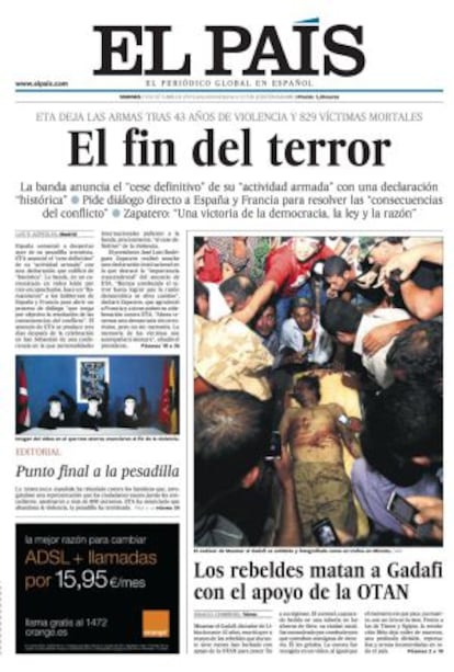 Portada de EL PAÍS el 21 de octubre de 2011.