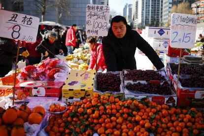 Un vendedo de fruta espera en un mercado local de Pek&iacute;n (China