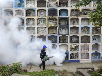 Un operario fumiga el cementerio Nueva Esperanza de Lima, Perú, para reducir la población de mosquitos que puedan transmitir el zika.