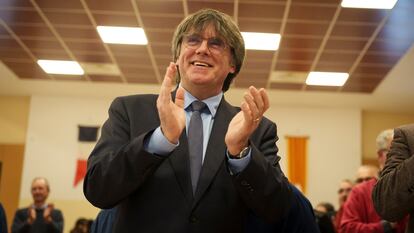 El 'expresident' de la Generalitat, Carles Puigdemont, participa en un acto del Consejo por la República, el pasado sábado en Latour-Bas-Elne (Francia).